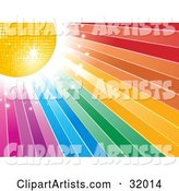 Yellow Disco Ball and Bright Sparkling Light in the Upper Corner of a Rainbow Background