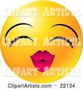Yellow Emoticon Face Lady with Eyelashes and Pink Lips, Puckering up for a Kiss