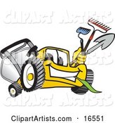 Yellow Lawn Mower Mascot Cartoon Character Facing Front and Carrying Gardening Tools