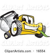 Yellow Lawn Mower Mascot Cartoon Character Facing Front and Chewing on a Blade of Grass