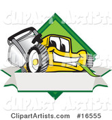 Yellow Lawn Mower Mascot Cartoon Character Facing Front on a Diamond Shaped Logo with a Blank White Banner