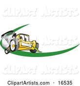 Yellow Lawn Mower Mascot Cartoon Character Facing Front on a Logo or Nametag with a Green Dash