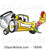 Yellow Lawn Mower Mascot Cartoon Character Holding a Red Telephone