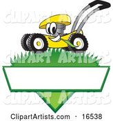 Yellow Lawn Mower Mascot Cartoon Character Mowing Grass over a Blank White Label