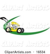 Yellow Lawn Mower Mascot Cartoon Character on a Logo or Nametag with a Green Dash