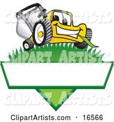 Yellow Lawn Mower Mascot Cartoon Character on a Triangle Logo with a White Label