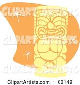 Yellow Tiki Carving in Retro Style, over Orange with Stars