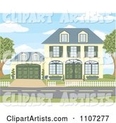 Yellow Two Story House with Green Shutters and Doors and an Attached Garage