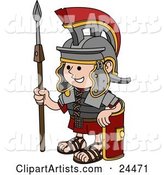 Young Roman Soldier Man in a Helmet, Leaning Against His Shield and Holding a Spear